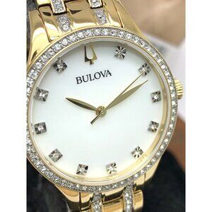 Bulova Women's Watch 98X119 Quartz Crystal Accent Mother of Pearl Dial Gold 32mm